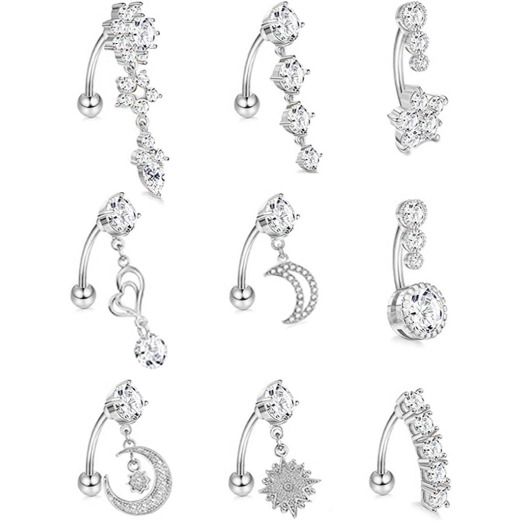 9pcs 14g Stainless Steel Dangle Belly Rings For Women Reverse Navel Rings Curved
